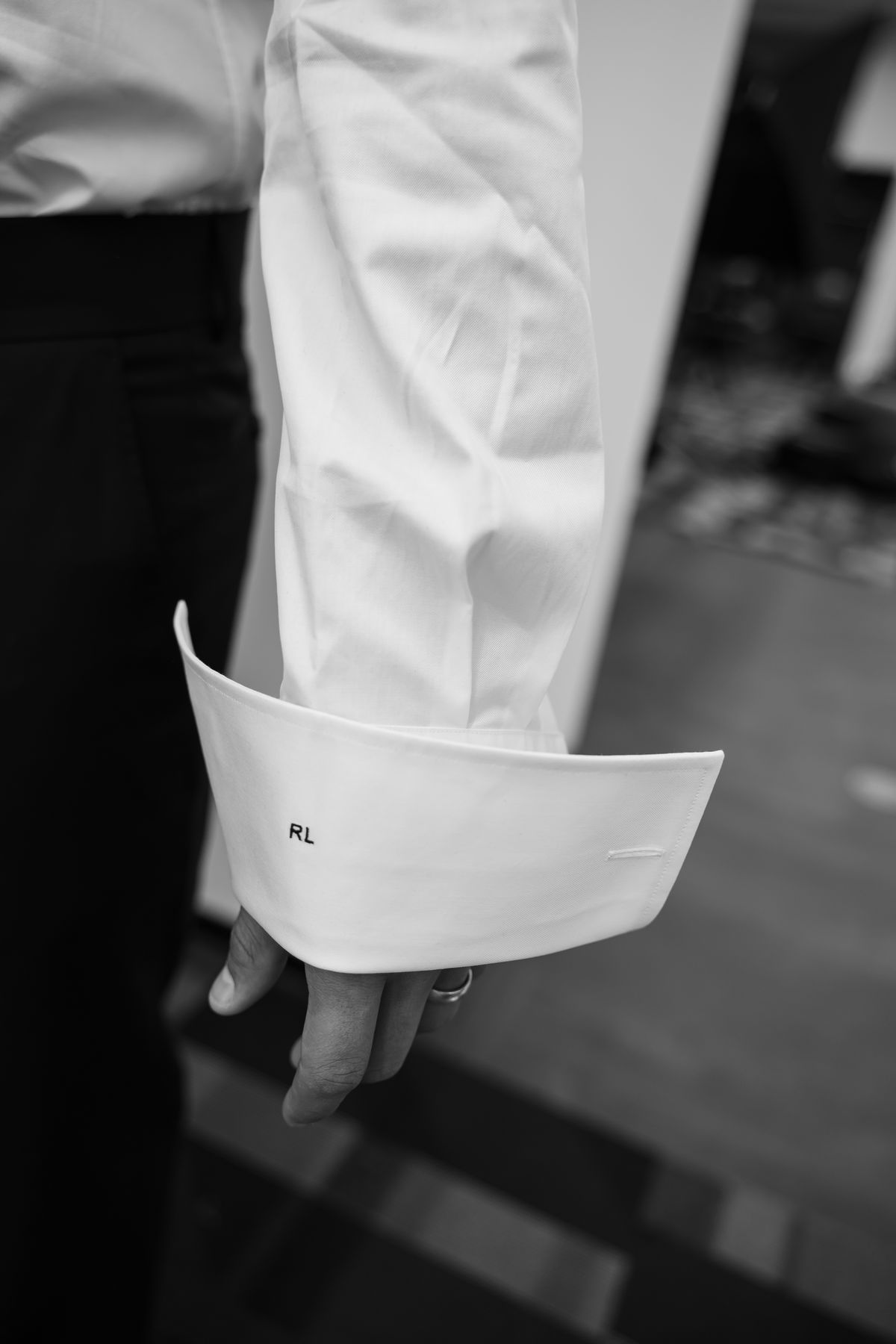 White made-to-measure shirt with a wide French cuff embroidered with initials